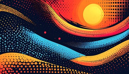 Abstract, vibrant artwork of a sun setting over colorful, wavy patterns
