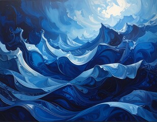 Abstract painting of ocean waves in shades of blue with a luminous sky