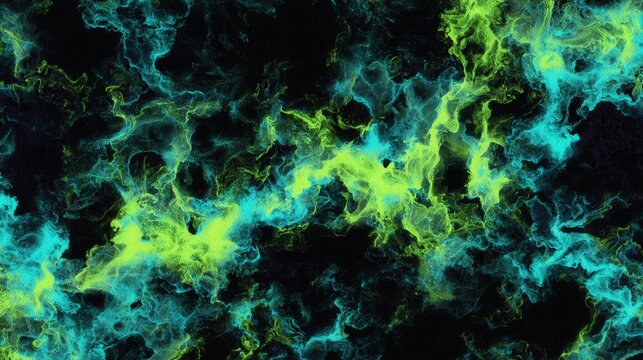 Vibrant Cosmic Dance: Abstract swirling patterns of cyan and chartreuse hues on a dark field. Evokes the boundless and mysterious nature of the universe.