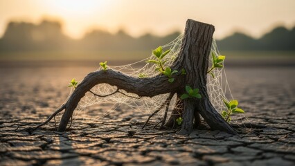 New green shoots growing from a dead tree trunk in cracked dry soil. Concept of hope, revival, and resilience for environmental recovery.