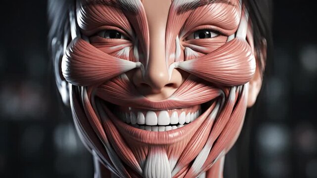 Cinematic Slow Motion Close-Up of Human Facial Muscular System Anatomy Front Anterior View Showing Intricate Muscle Fibers and Biological Structure for Medical Education and Scientific Research