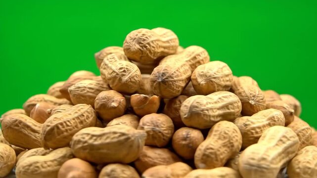 Pile of raw peanuts on a green background.