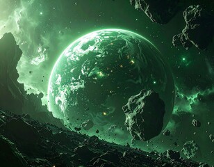 A vibrant green planet against the cosmic backdrop of space
