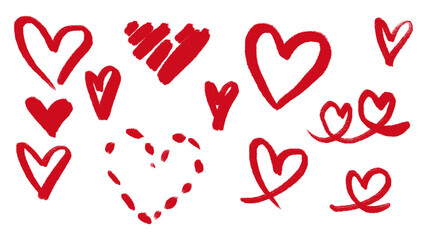 Red hand-drawn heart doodles set.