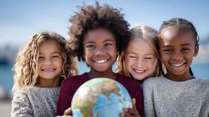 Diverse Childhood: A harmonious group of multi-ethnic children, united by smiles and shared innocence, gently cradles a globe, symbolizing unity and interconnectedness. - Powered by Adobe