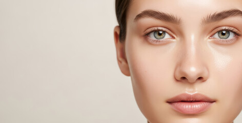 Fototapeta premium Close up of a woman face with natural skin and green eyes. Beauty portrait for skincare or cosmetic product promotion. Healthy natural appearance concept.