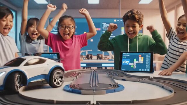Cinematic close up of diverse children learning block coding logic in a creative classroom environment with colorful visual programming interface for beginners education and technology skill - Powered by Adobe