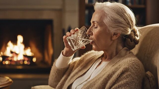 Cinematic slow motion footage of an adult woman swallowing a digestive pill supplement to relieve stomach ache and improve wellness, captured in high quality 4k resolution video.