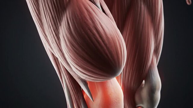 Cinematic slow motion 3D medical animation showcasing the human vastus lateralis muscle within the thigh anatomy highlighting leg musculature structure in professional 4K resolution rendering