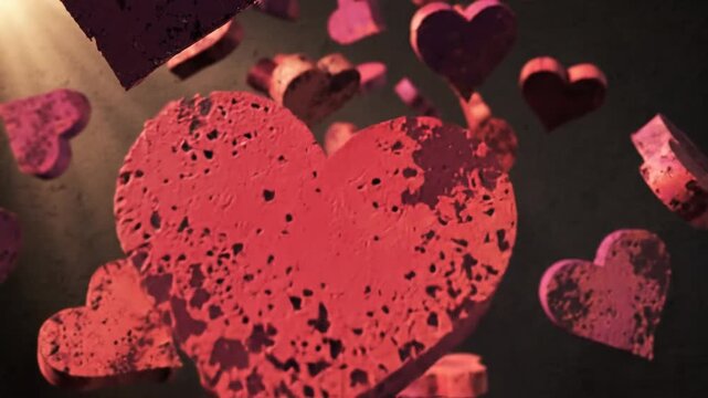 Cinematic slow motion animation of vintage grunge heart shapes with speckled texture and distressed rough edges, artistic retro stamp collection for romantic creative video projects 4K UHD