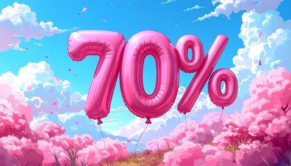 Animated image of pink "70%" balloons floating in a sunny, flower-filled field with clouds and blue sky