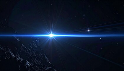 Bright light beam. Glowing blue line. Starburst effect. Space background. Cosmic scene. Light rays. Dark sky with stars. Mountain silhouette. Celestial landscape. Night sky.