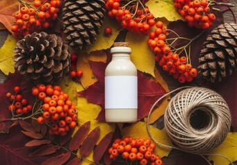 A rustic arrangement of autumn elements including pine cones, vibrant red rowan berries, and colorful fallen leaves surrounding a small bottle