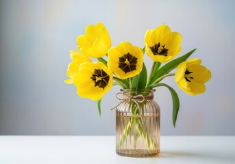 A bouquet of bright yellow tulips in a small glass vase with a bow, set against a soft, blurred background, evoking spring and freshness