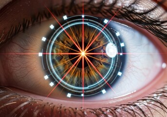 Extreme closeup of a human eye with a futuristic digital interface overlay, featuring a glowing geometric pattern and laserlike lines emanating from the pupil