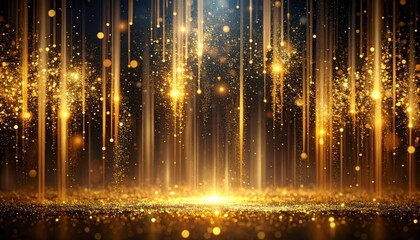Golden light particles falling down. Shining sparks on dark background. Glittering gold dust. Sparkling light rays. Glowing bokeh. Festive abstract background. Luxury texture. Elegant