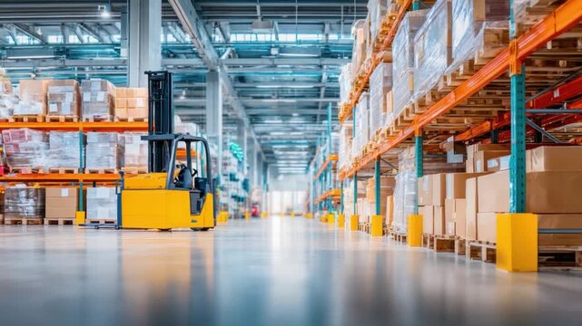 Warehouse of Efficiency: Inside a modern warehouse, a forklift navigates the aisles, surrounded by towering shelves of packaged goods, highlighting the scale and efficiency of modern logistics.