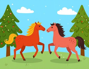 Animated image of two horses standing face-to-face on a green hill with fir trees and a blue sky in the background, with fluffy white clouds