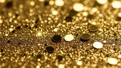 Gold coins with light burst on dark glitter background