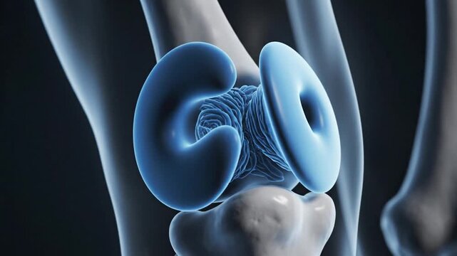 Cinematic medical animation of lateral and medial meniscus anatomy within a knee joint showing fibrocartilage structure for orthopedic healthcare education and surgery visualization.