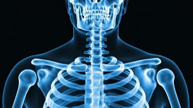 Cinematic digital medical illustration of a male human figure in standard anatomical position rendered as a glowing blue xray skeleton with transparent skin layers and internal bone structures