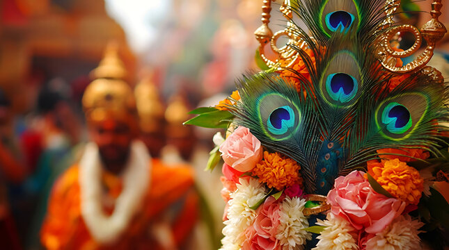 Murgan peacock feathers and colorful marigold flowers held by devotees during the vibrant spiritual procession of the thaipusam festival in a crowded temple street