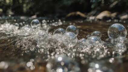 Clear bubbles in a shallow stream. Sunlight sparkles on the water's surface