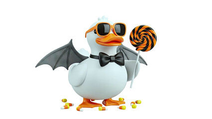 Halloween Duck Character with Bat Wings and Candy