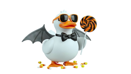 Halloween Duck Character with Bat Wings and Candy