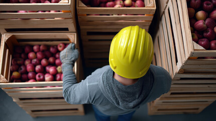 Worker apple crate warehouse top view yellow helmet storage fruit industrial harvest. Worker yellow helmet organizing apple crates warehouse top