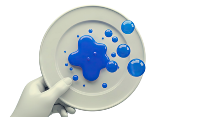 Hand holding plate with blue liquid droplets and blobs