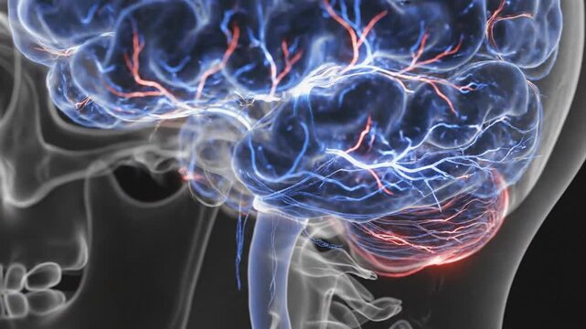 Cinematic x-ray visualization of a human brain stem, highlighting the neurological structure and spinal connection in a medical 4K digital animation for scientific research.