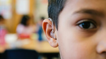 Young boy with hearing aid attentively learning in inclusive classroom, symbolizing modern education, assistive technology, and accessibility in learning.