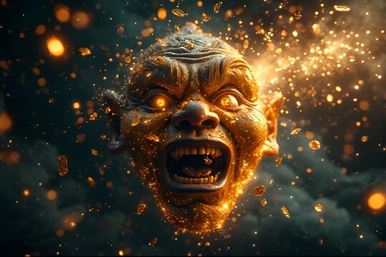 Reflective Nian Monster Face Dissolving into Golden Fireworks Rain