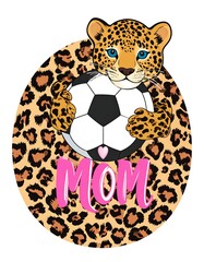 Animated leopard holding a soccer ball with pink "MOM" text. Leopard features spots and blue eyes. Overall, it's a circular design