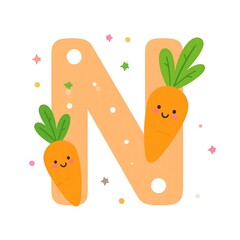 Animated letter "N" with smiling carrot illustrations and playful glitter. The letter is a peach color against a clean white backdrop