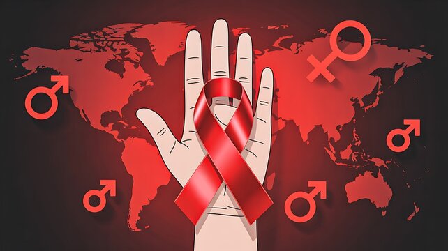 Global HIV AIDS Awareness Concept with Red Ribbon on Hand and World Map Background