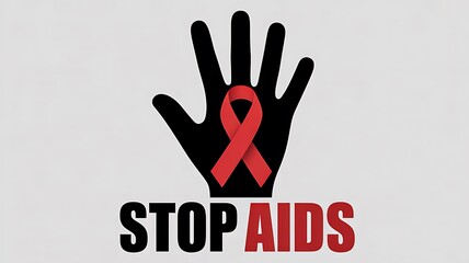 Fototapeta premium Stop aids awareness with red ribbon on raised human hand