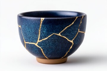 a blue kintsugi japanese cup with cracked gold, on a white background
