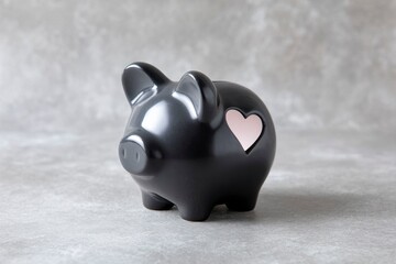 black piggy bank with a heart shaped hole on the side, against a gray background.