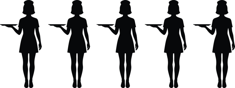 Waitress silhouette set holding tray service staff restaurant worker illustration isolated white background hospitality catering vector design icons