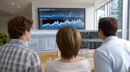 Rear view of three people analyzing financial data on computer monitors in modern office with large windows