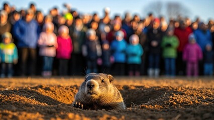 Groundhog emerging from burrow in foreground, with a crowd of spectators dressed in colorful winter clothing, celebrating the annual tradition of predicting seasonal changes