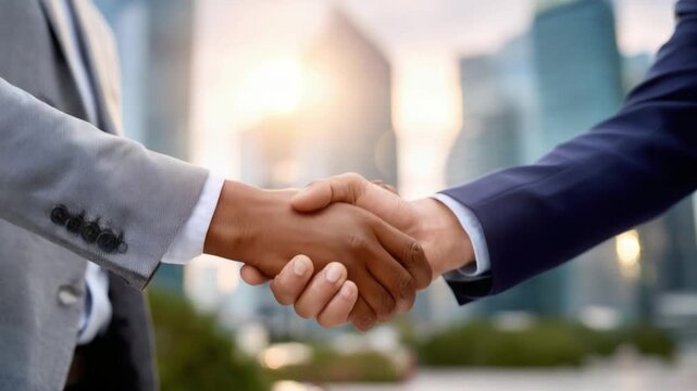 Handshake: The image captures a close-up view of two individuals of diverse backgrounds engaged in a firm handshake. symbolizing unity, agreement, and partnership in a professional environment.