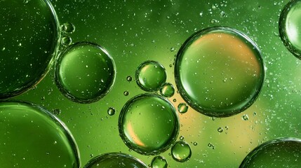 Abstract macro of translucent liquid bubbles in rich green tones with glossy glass-like droplets and layered depth.