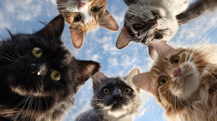 Adorable cat closeup filmed from below with playful domestic pet wallpaper backdrop