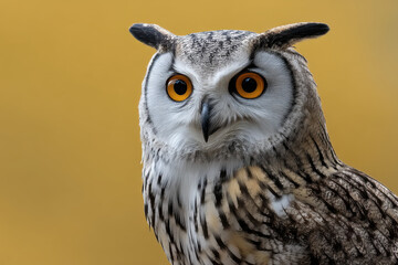 Obraz premium Owl bird wildlife animal yellow background feather eye nature alert perched closeup beak brown white pattern wild forest predator nocturnal ear