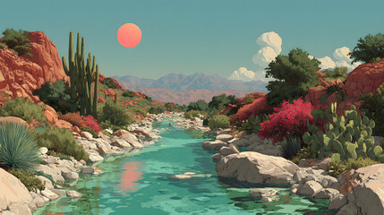 Stylized desert river landscape with cacti and mountains depicting surreal oasis, exploration, imagination, nature illustration, and creative environment design.