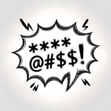Hand drawn comic speech bubble with censored swear word symbols inside on a sketched grey and white background art.
