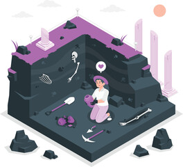 Archaeologist examining ancient remains in a deep excavation site with tools and fossils © SBD